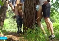 Atrapado en un árbol y fue follada en dos troncos