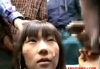 Crowd cummed on a japanese woman on the street