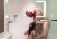 Titted bitch fucks in the shower