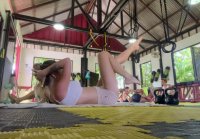 Beautiful barefoot blonde doing fitness